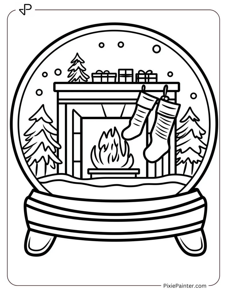 Coloring Page Where A Cozy Fireplace With Stockings Hanging On The Mantel Inside A Snow Globe