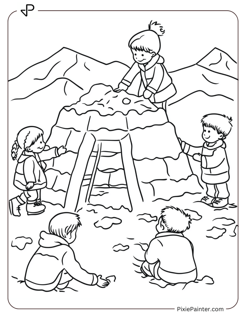 A Group Of Kids Working Together To Build A Snow Fort