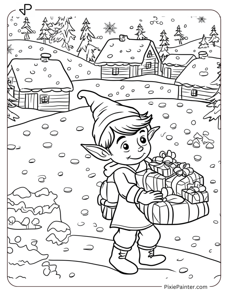 Winter Coloring Page for Adults of A young elf delivering presents in a snowy village, carrying a bag full of gifts