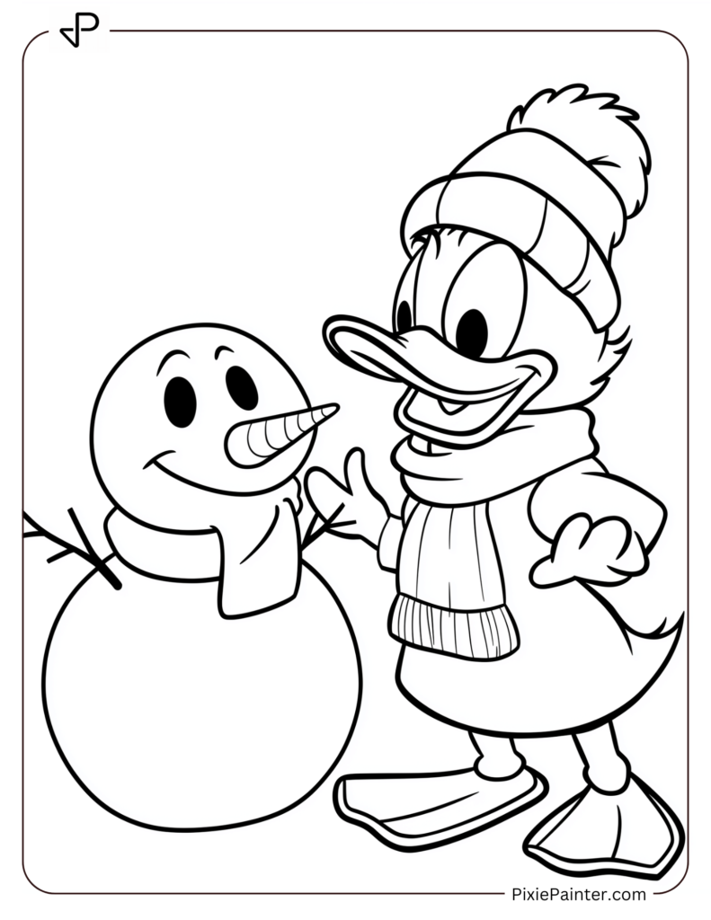 Donald Duck in a Winter Hat and Scarf, Next to a Snowman