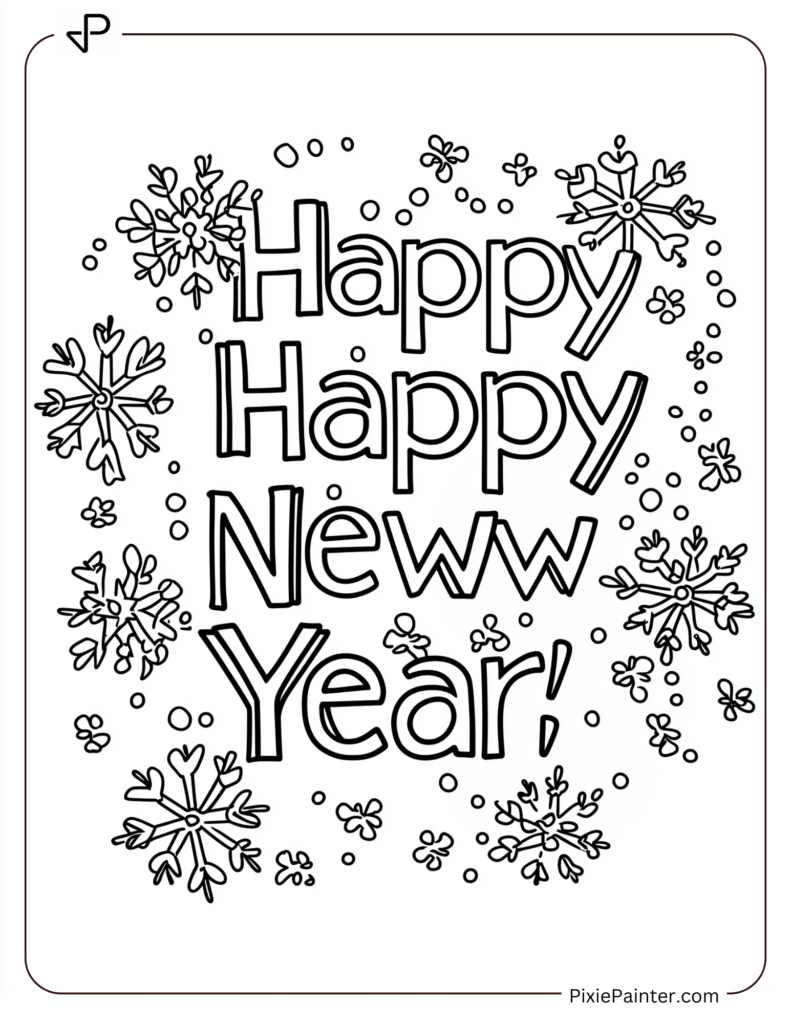 New Year Coloring Pages For Kids Where Snowflakes Forming The Words "Happy New Year"