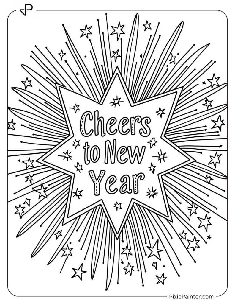 New Year's Eve Coloring Pages of Starburst with Cheers to New Year at the center