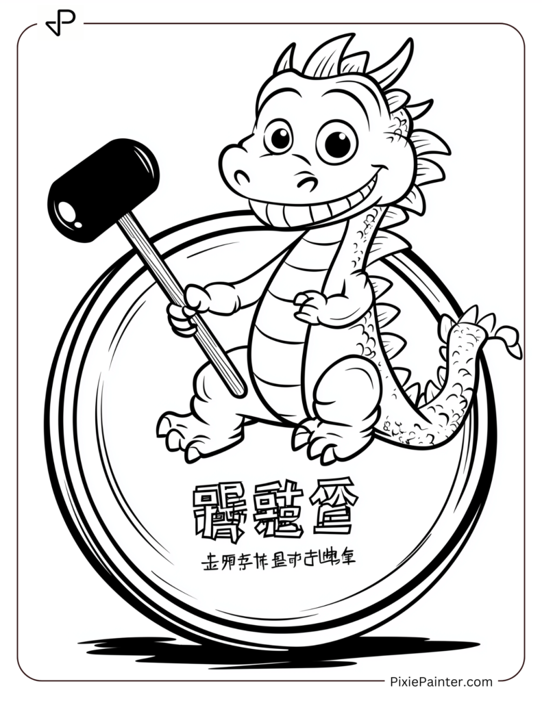 Cartoon Dragon Sitting on a Giant Gong with 新年快乐 Etched On It