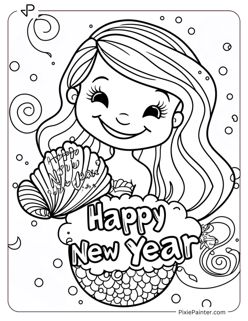 Cute New Year Coloring Pages With A Mermaid Holding A Happy New Year Seashell