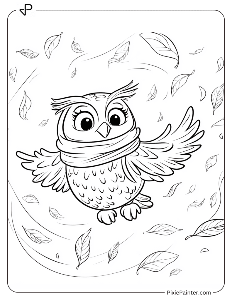 Owl Flying Through Swirling Leaves