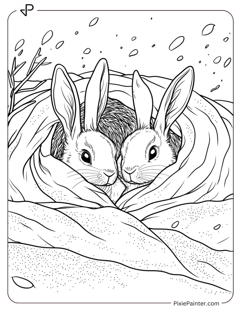 Winter Coloring Page for Adults of A pair of rabbits snuggled up together under a blanket in a burrow,