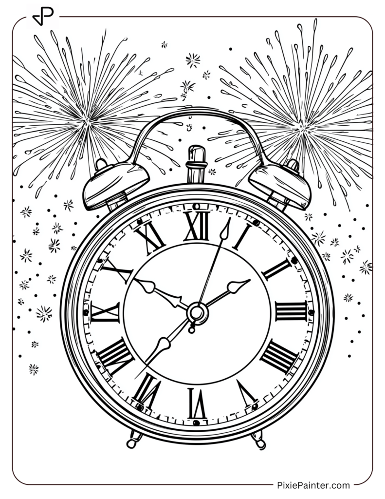 New Year's Eve Coloring Pages of Clock striking midnight with fireworks bursting