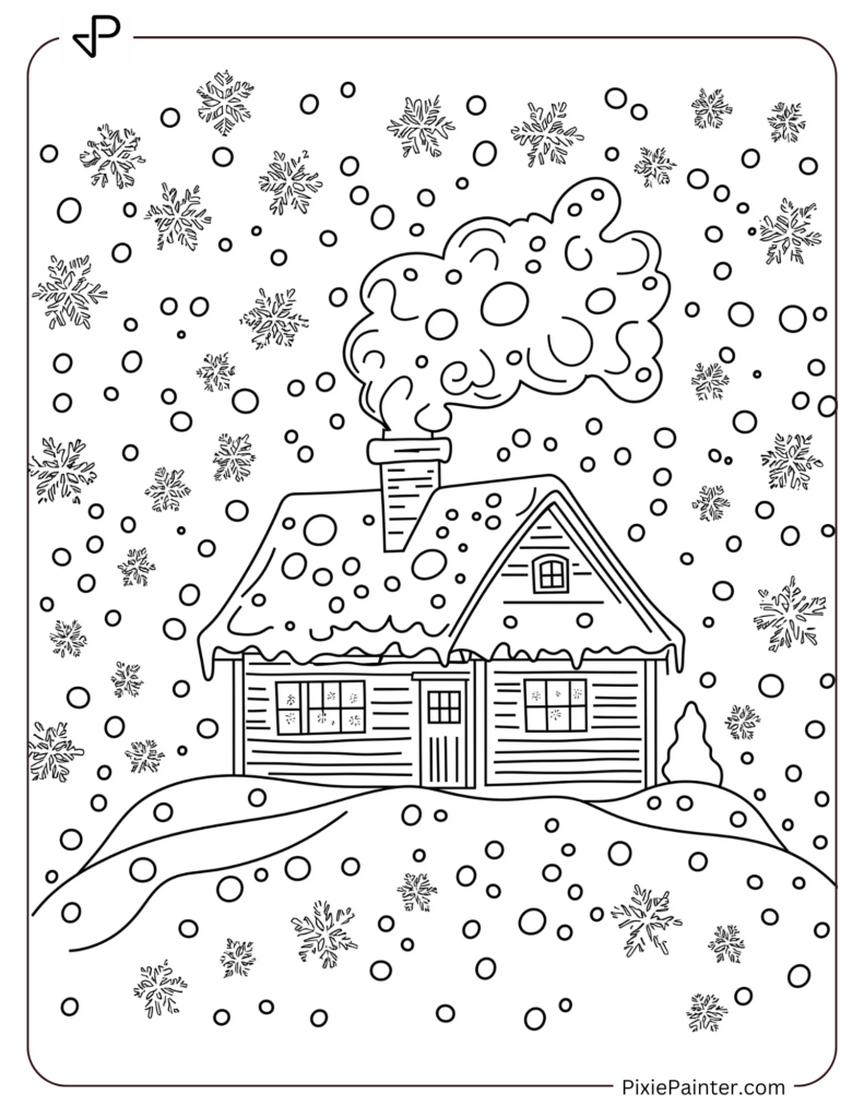 29. Cozy Winter Cabin With Smoke And Snowflakes