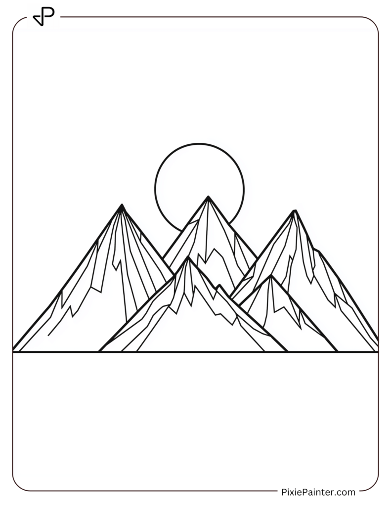 Chinese New Year Coloring Page Where Towering Mountains With A Glowing Sun Rising Behind Them