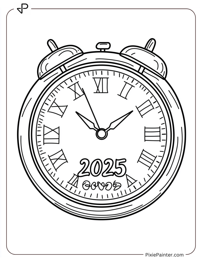 Cute New Year Coloring Pages Featuring A Clock At Midnight With 2025