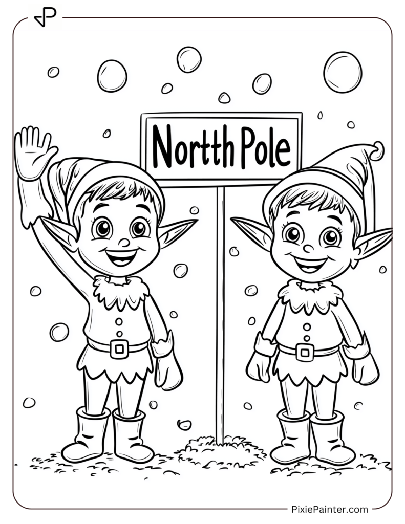 Two Happy Elves Beside North Pole Sign