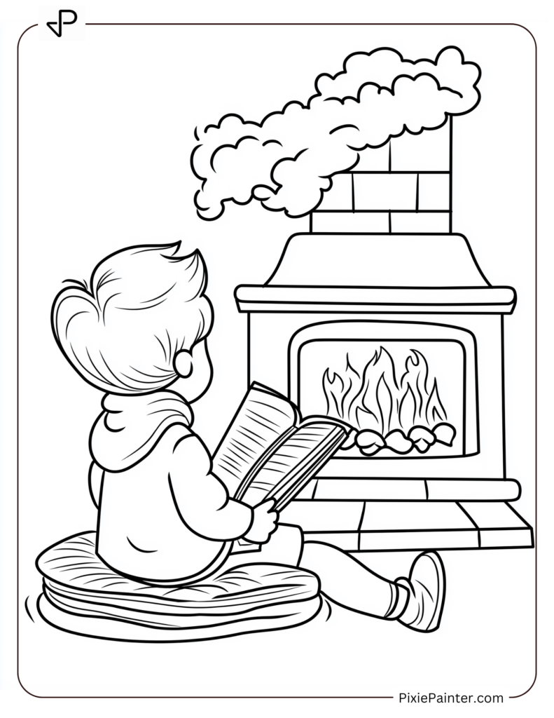 January Coloring Page Where A Child Sitting By A Cozy Fireplace, Lost In A Good Book