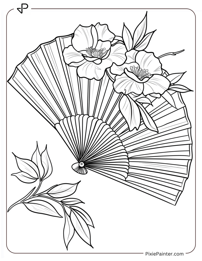 Chinese New Year Coloring Page Where A Handheld Fan Featuring An Elegant Floral Design