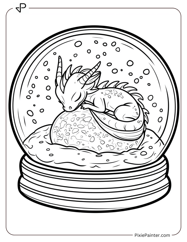 Coloring Page Where A Tiny Dragon Curled Up On A Frosty Rock Inside A Snow Globe