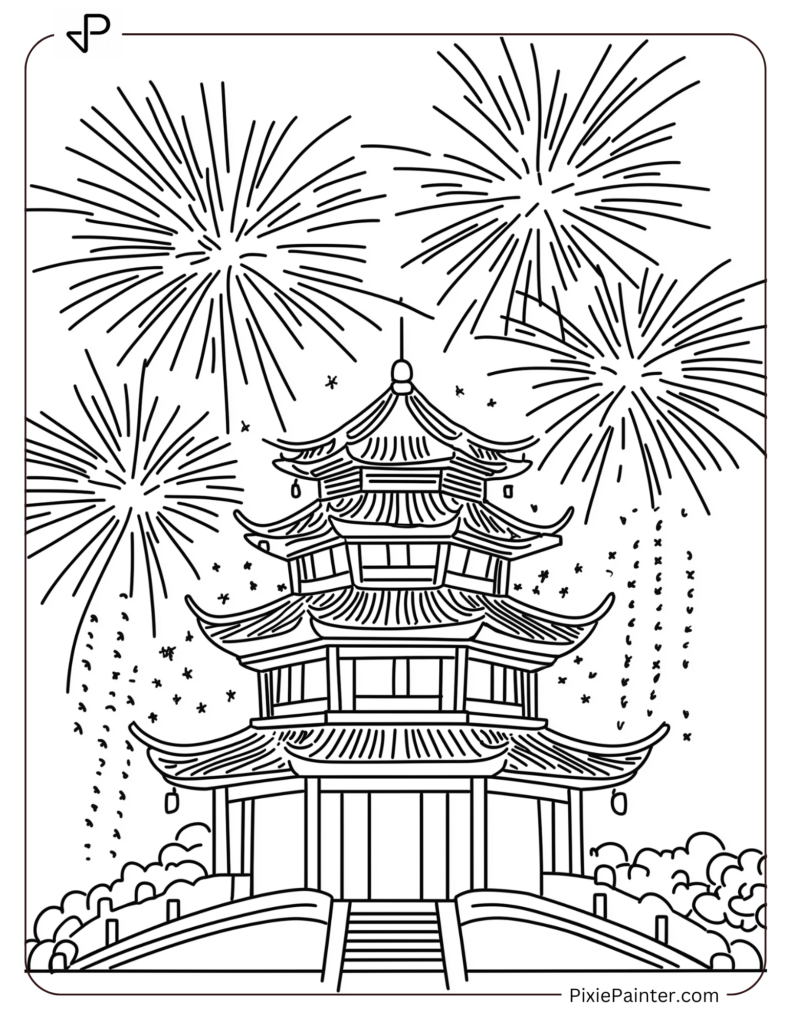 Chinese Pagoda With Fireworks in the Sky