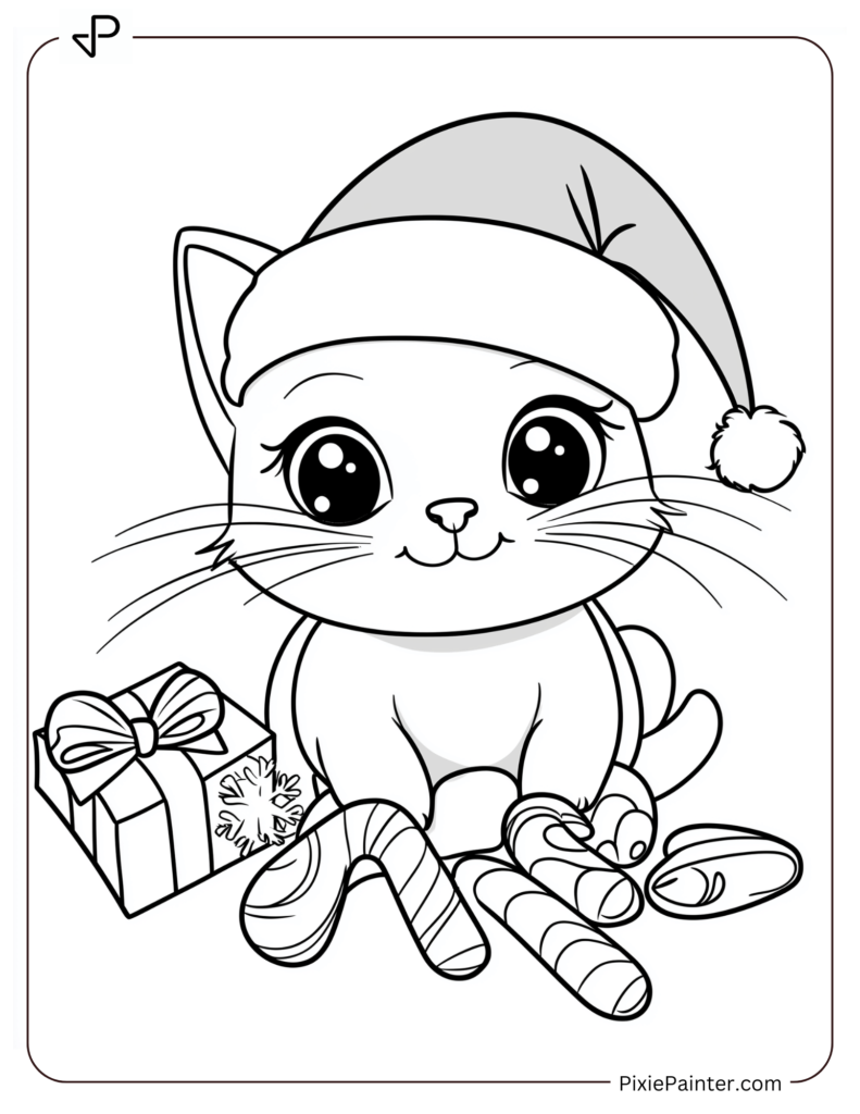 3. Cute Cat in Santa Hat PLaying WIth Candy Cane Christmas Coloring Pages