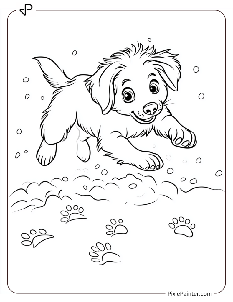 3. Playful Puppy Jumping Into A Snow Pile- Winter Wonderland Coloring Pages