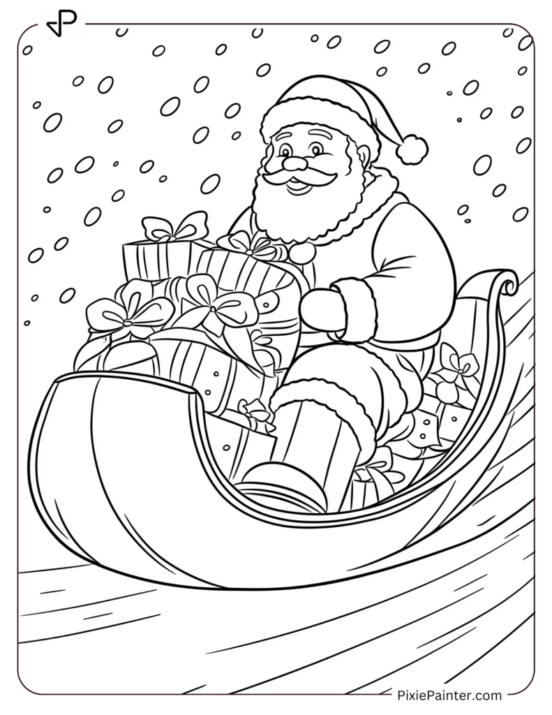 Winter Coloring Page for Adults of Santa Claus riding his sleigh through a snowstorm