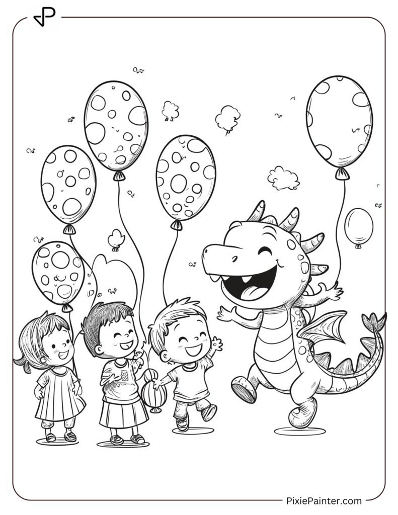 Cartoon Dragon Playing Tag with Children in a Park with Balloons