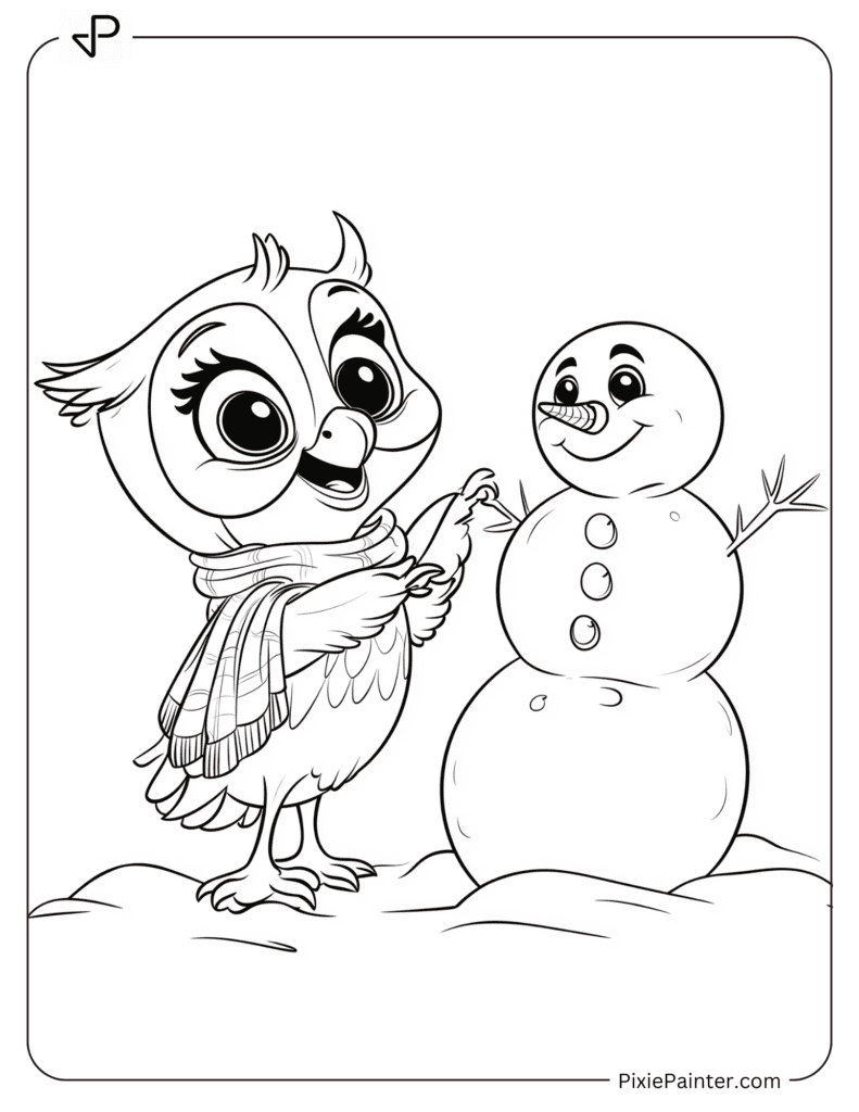 Cheerful Owl Building A Snowman