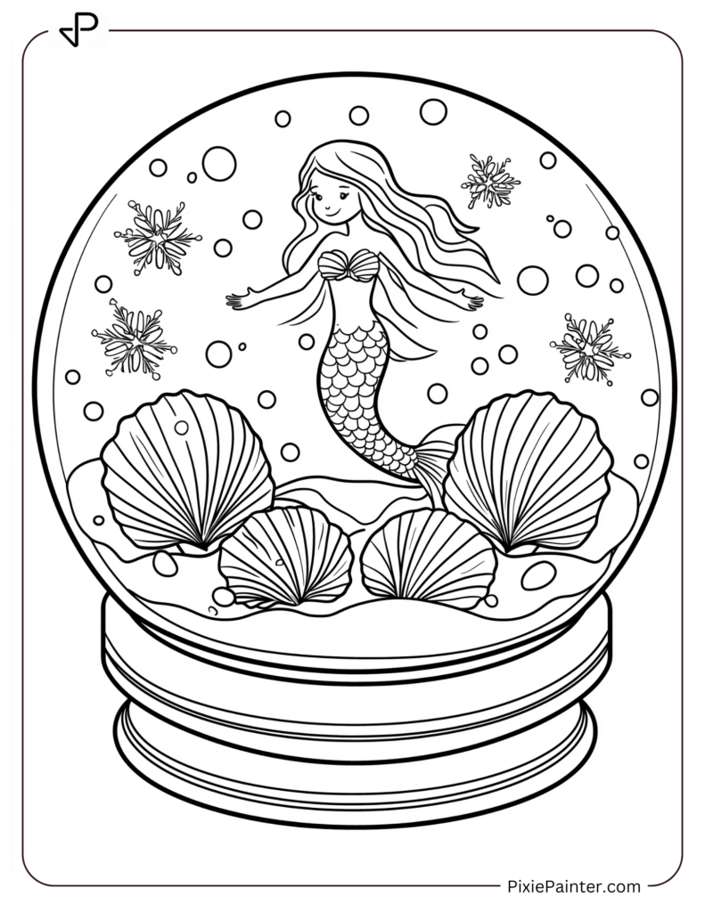 Coloring Page Where A Mermaid Surrounded By Icy Seashells And Snowflakes Inside A Snow Globe