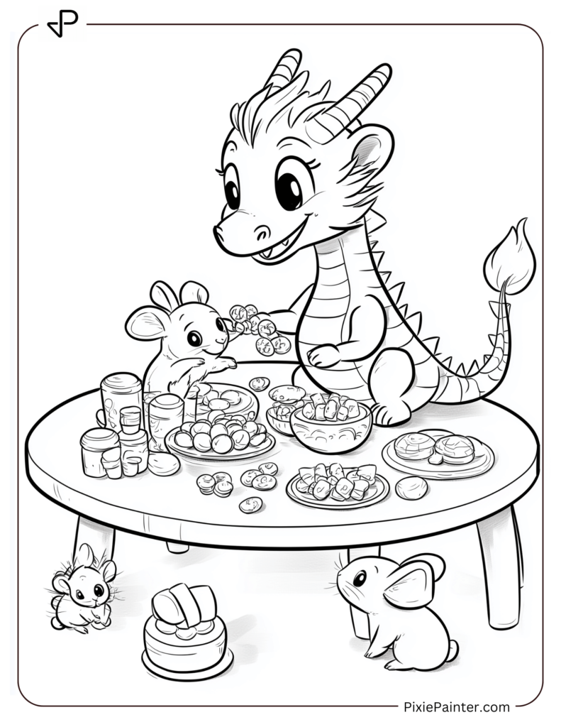 Cartoon Dragon Sitting at a Table with Traditional New Year Treats