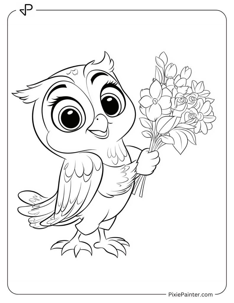 Cute Owl Holding A Bouquet Of Flowers