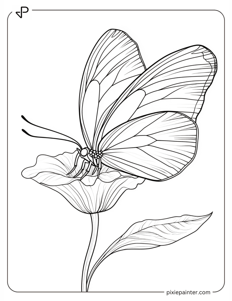 Coloring Page of A Butterfly Resting on a Flower Petal
