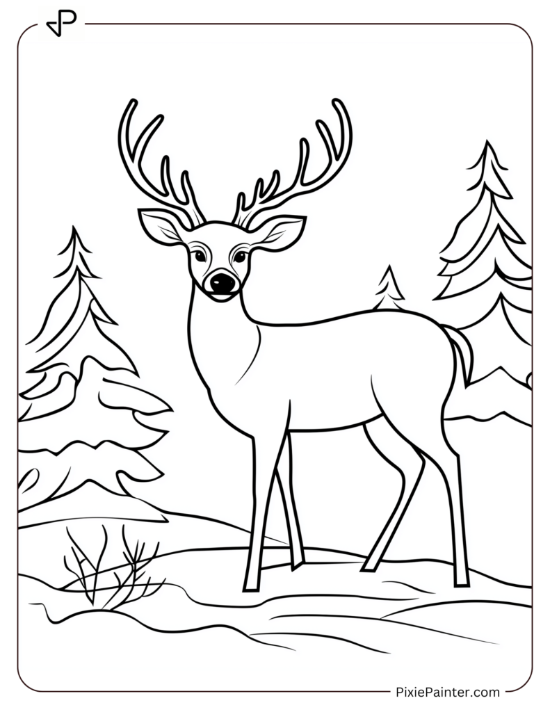 January Coloring Page Where A Deer Standing Still In A Serene, Snowy Forest