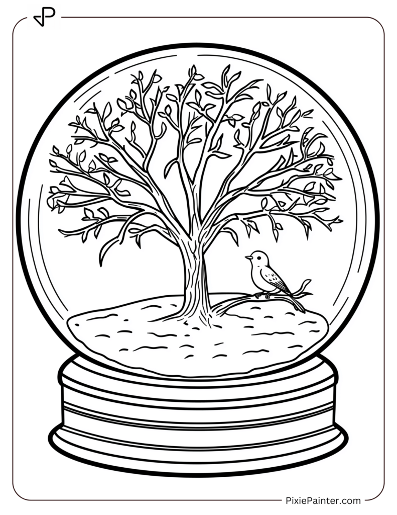 A Frosty Tree With A Tiny Bird Perched On A Branch Inside A Snow Globe