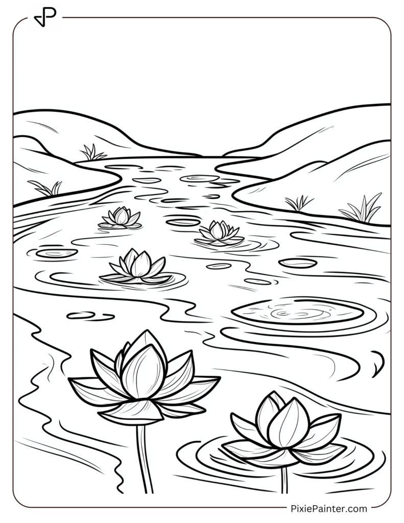 Chinese New Year Coloring Page Where A Serene River With Lotus Flowers Floating Peacefully