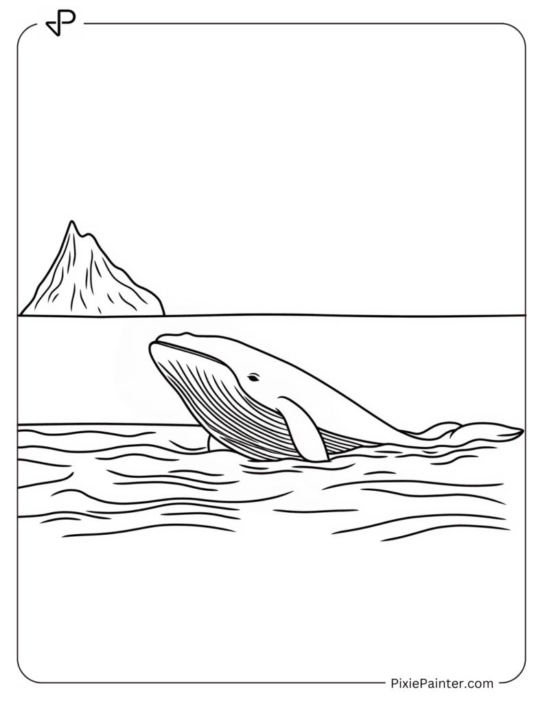 Coloring Page of A Whale Next To A Small Iceberg In The Ocean