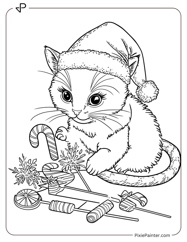 31. Playful Cat With Candy Cane & Christmas Ornaments