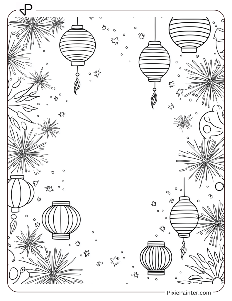 Chinese New Year Coloring Page Where A Decorative Border Of Lanterns And Bursting Fireworks