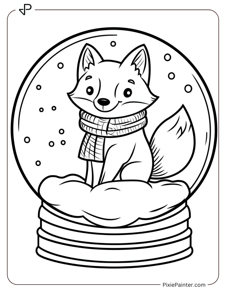 Coloring Page Where A Playful Fox Bundled In A Scarf, Leaping Through Snow Inside A Snow Globe