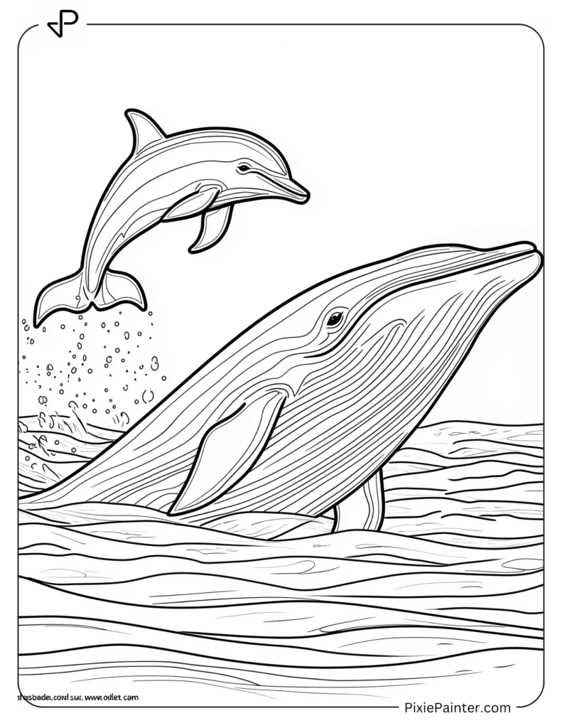 A Whale With A Dolphin Jumping Nearby