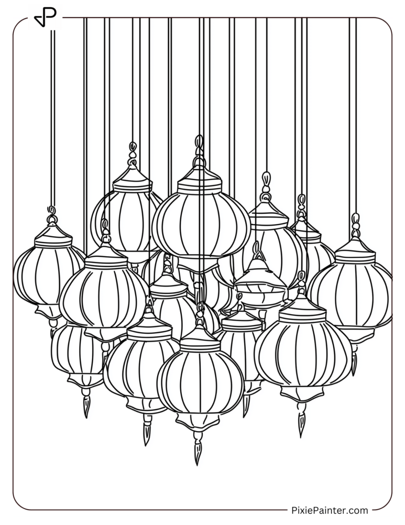 Lunar New Year Coloring Page of A Cluster of Lanterns Hanging From a String