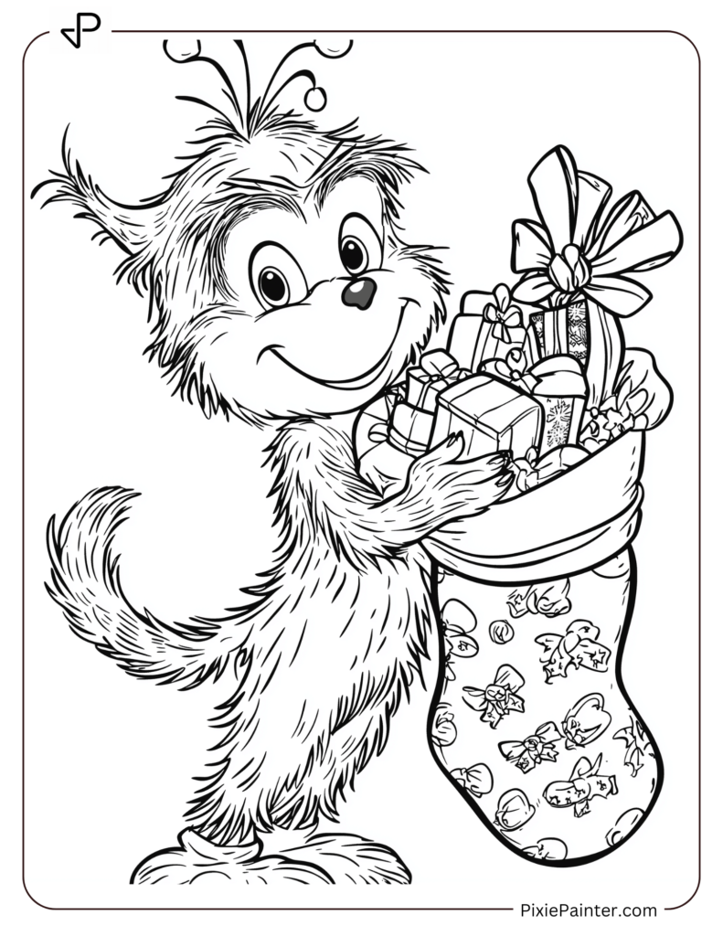 32. Cute Grinch Carrying Stocking Full of Gifts