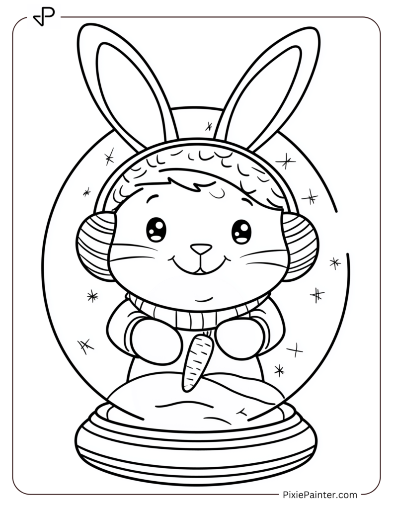 Coloring Page Where A Bunny Wearing Earmuffs And Holding A Carrot Inside A Snow Globe