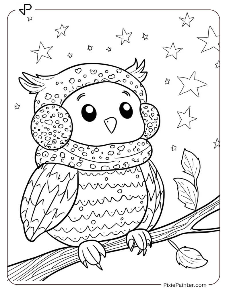 Winter Coloring Page for Adults of A cute winter owl sitting on a branch with earmuffs and a scarf