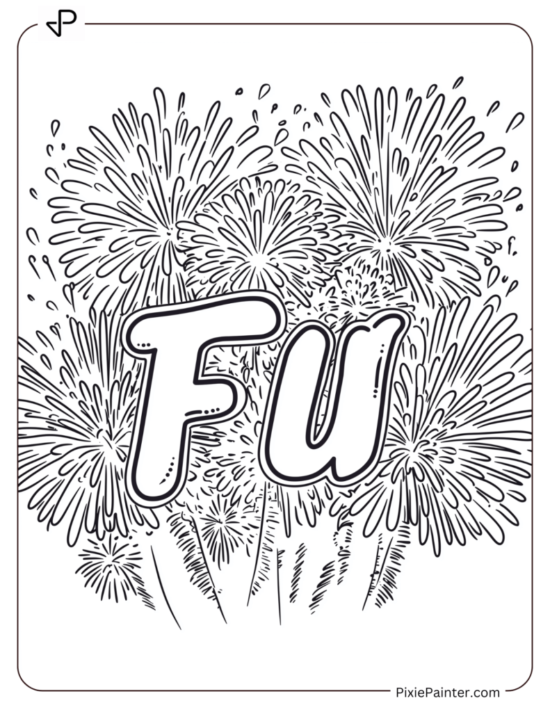 Chinese New Year Coloring Page Where The Word "福" (Fu) Surrounded By Colorful Fireworks