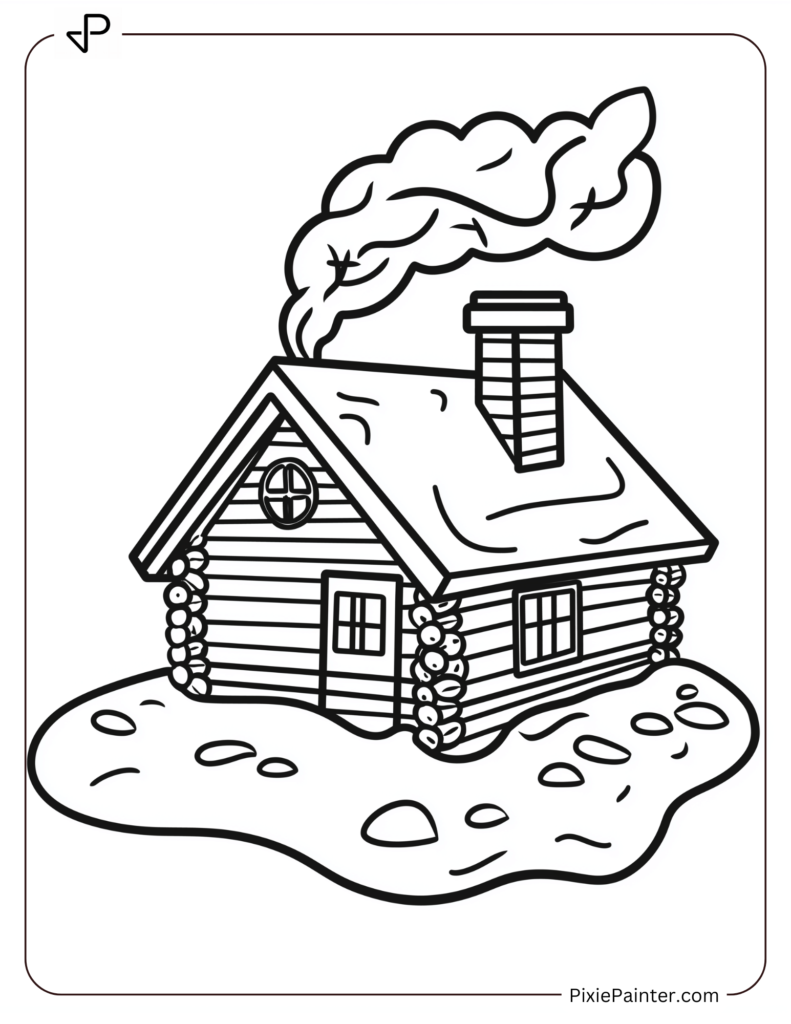 January Coloring Page Where A Cozy Cabin Surrounded By Snow, Smoke Curling From The Chimney