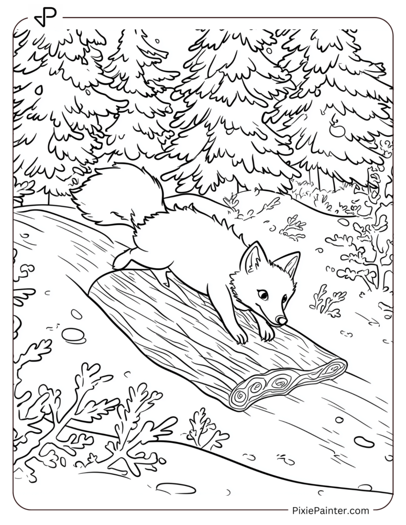 A playful fox sliding down a snowy hill on a piece of bark