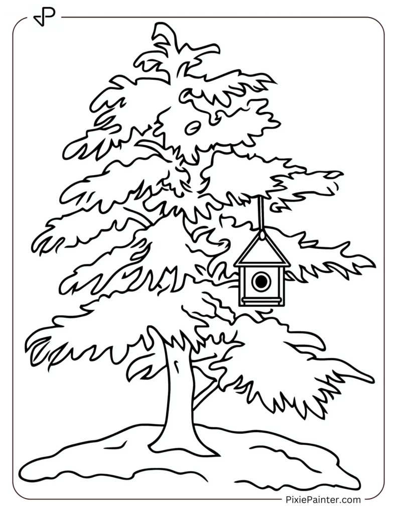 A Snow-Covered Tree With A Birdhouse Swaying In The Breeze