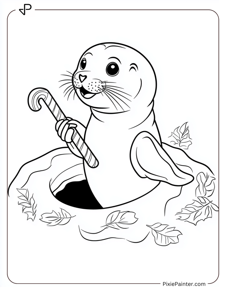 A friendly seal popping out of an icy hole, holding a candy cane in its flipper