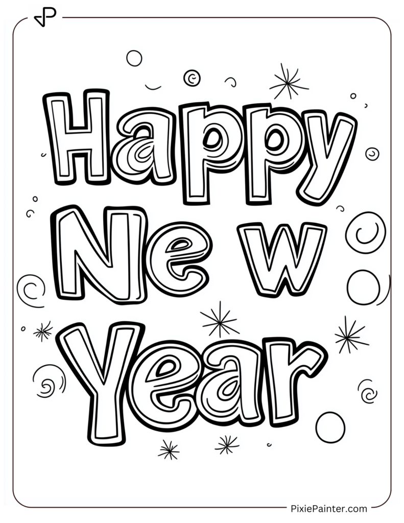 Chinese New Year Coloring Page Where The Phrase "Happy New Year" Written In Cheerful Bubble Letters