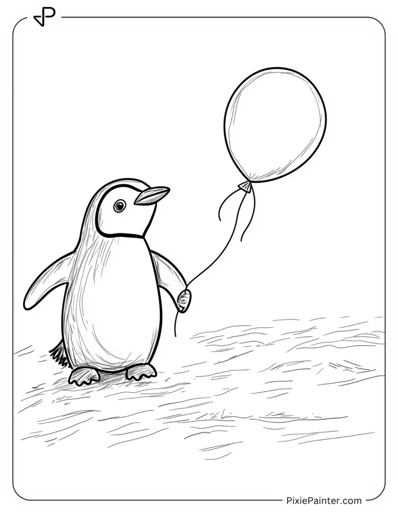 A Penguin Waddling On The Snow, Holding A Colorful Balloon