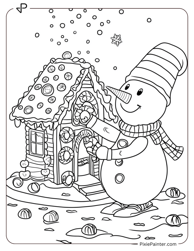 A cheerful snowman decorating a gingerbread house with gumdrops