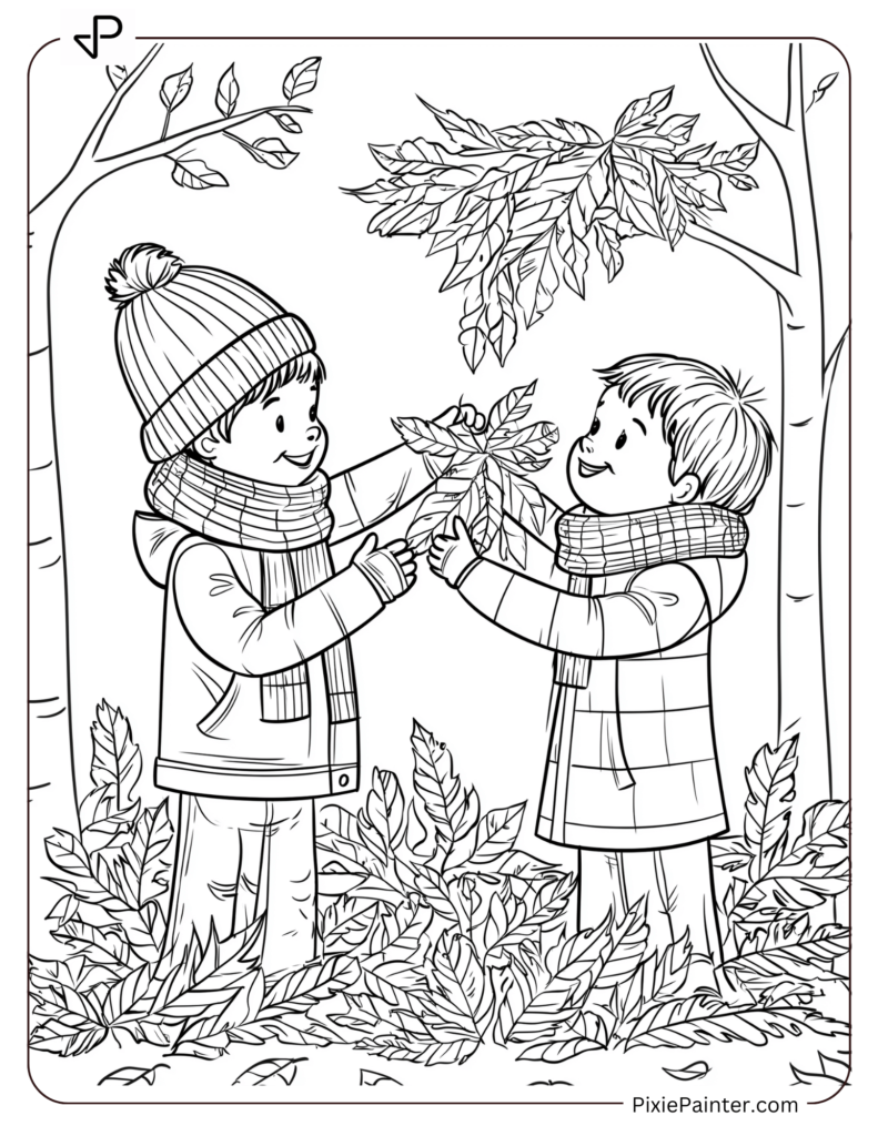 Winter Coloring Page for Adults of Two kids wearing scarves and mittens building a leaf fort