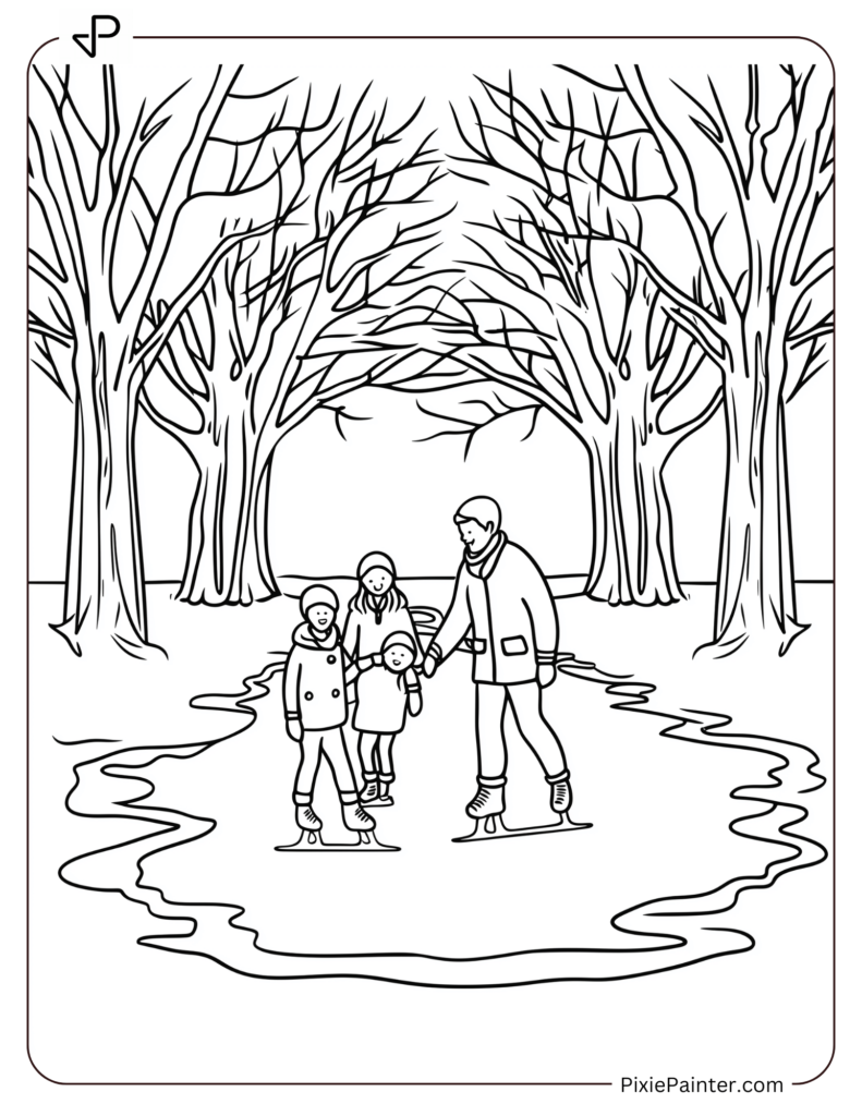 January Coloring Page Where A Family Ice Skating On A Frozen Pond Surrounded By Trees